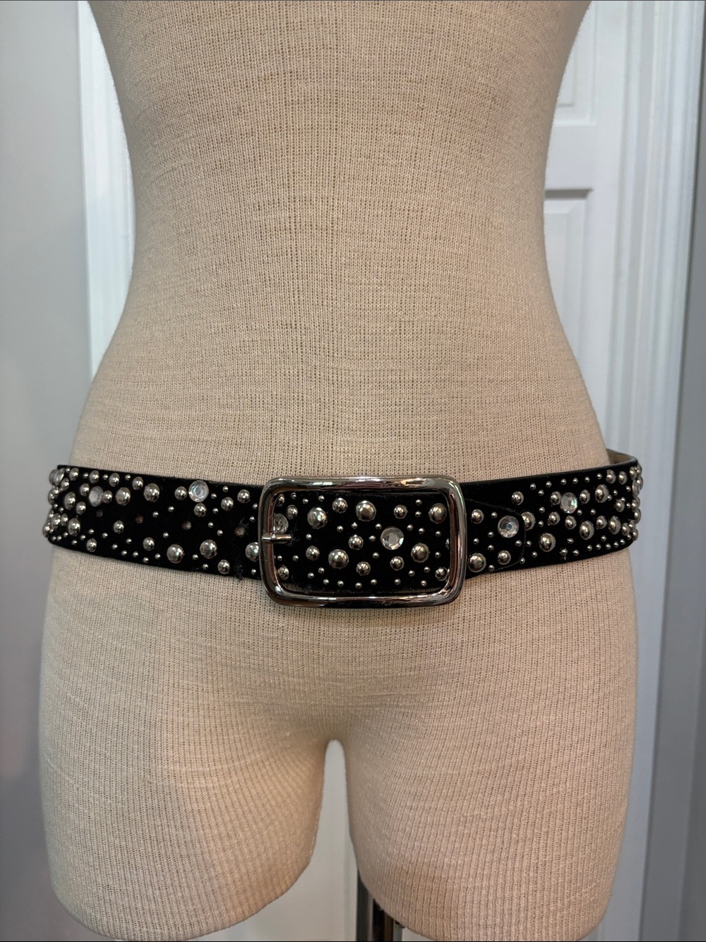 Black sz M suede leather silver studded rhinestone wide belt